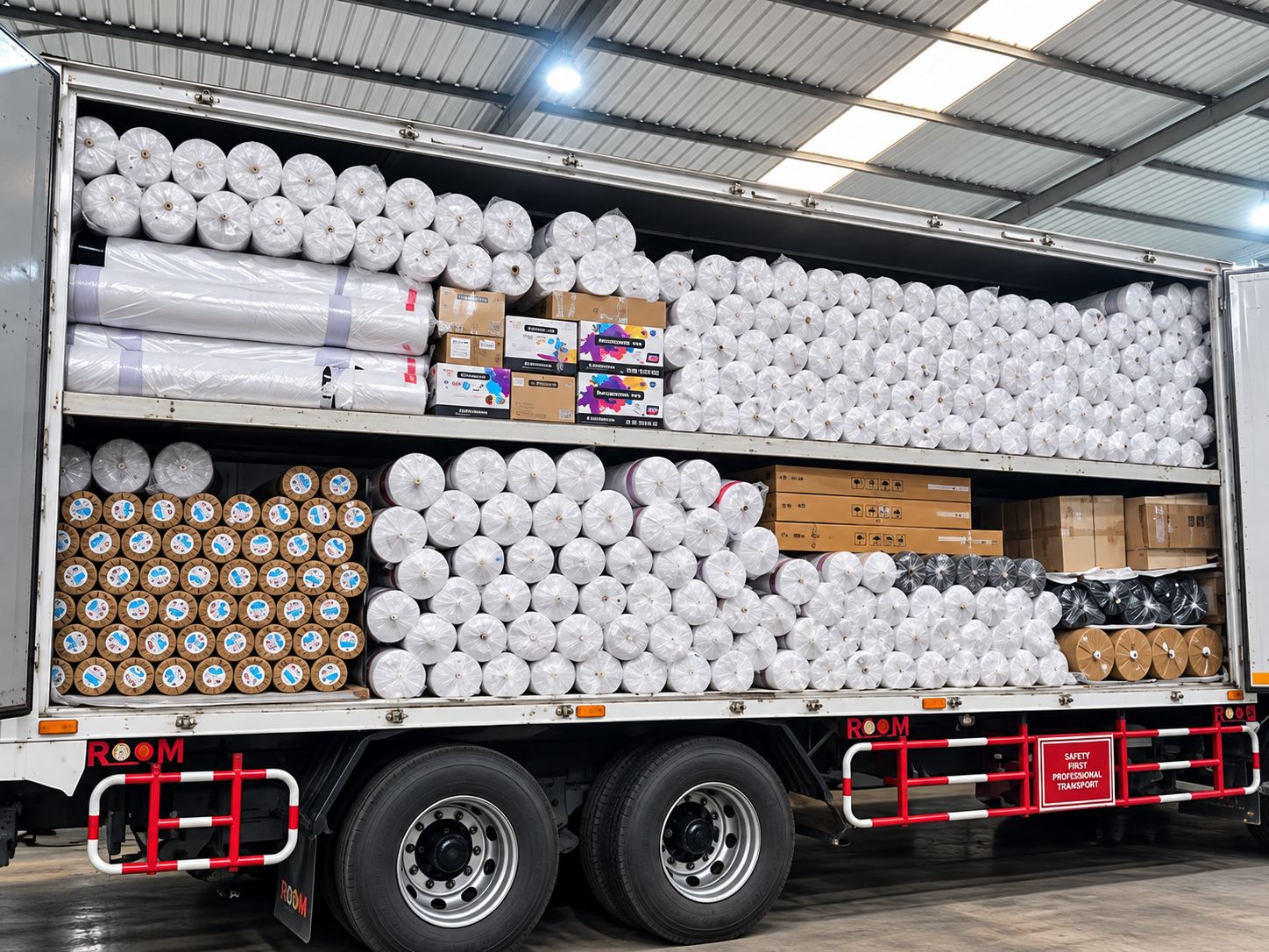A truck loaded with roll materials prepared for export
