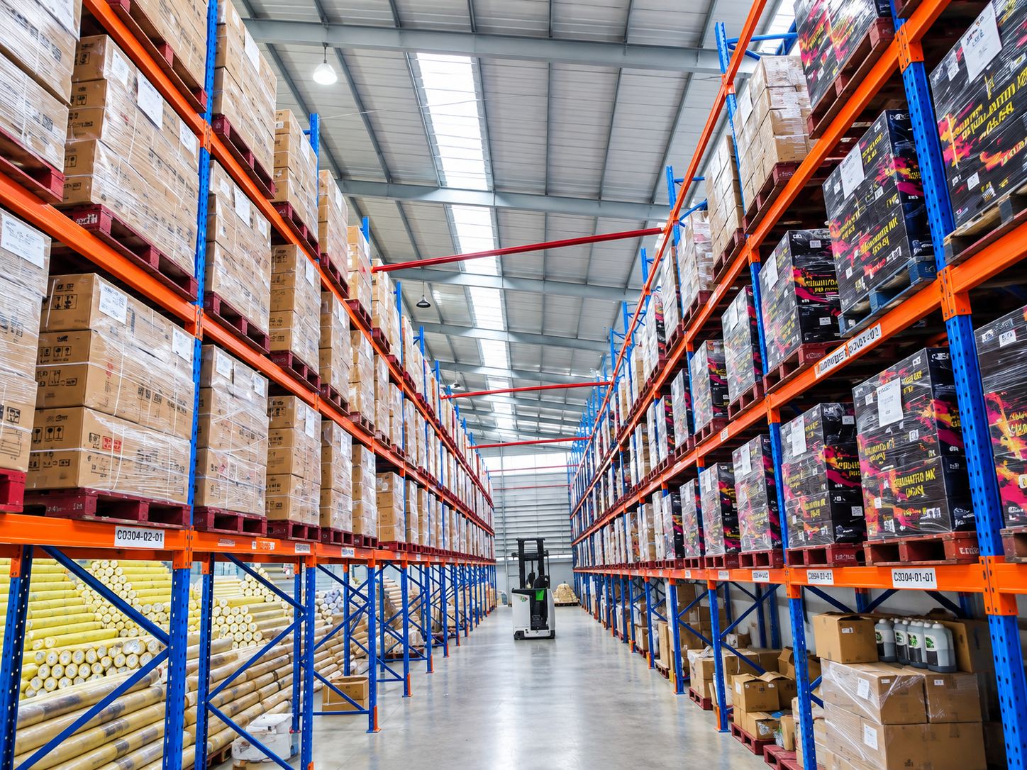 A high-bay warehouse aisle with racked cartons, boxed stock and roll materials