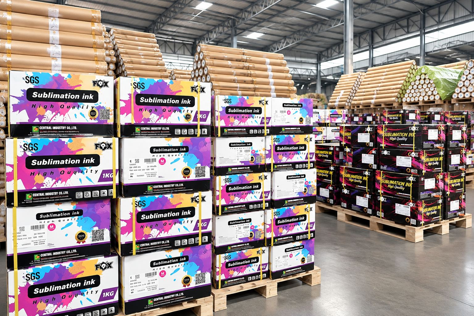 Wrapped roll stock of sublimation materials stacked in a warehouse