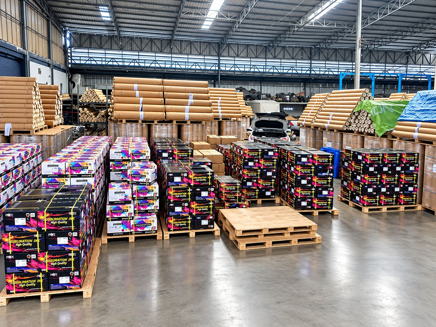 Pallets of boxed stock and wrapped paper rolls on a warehouse floor