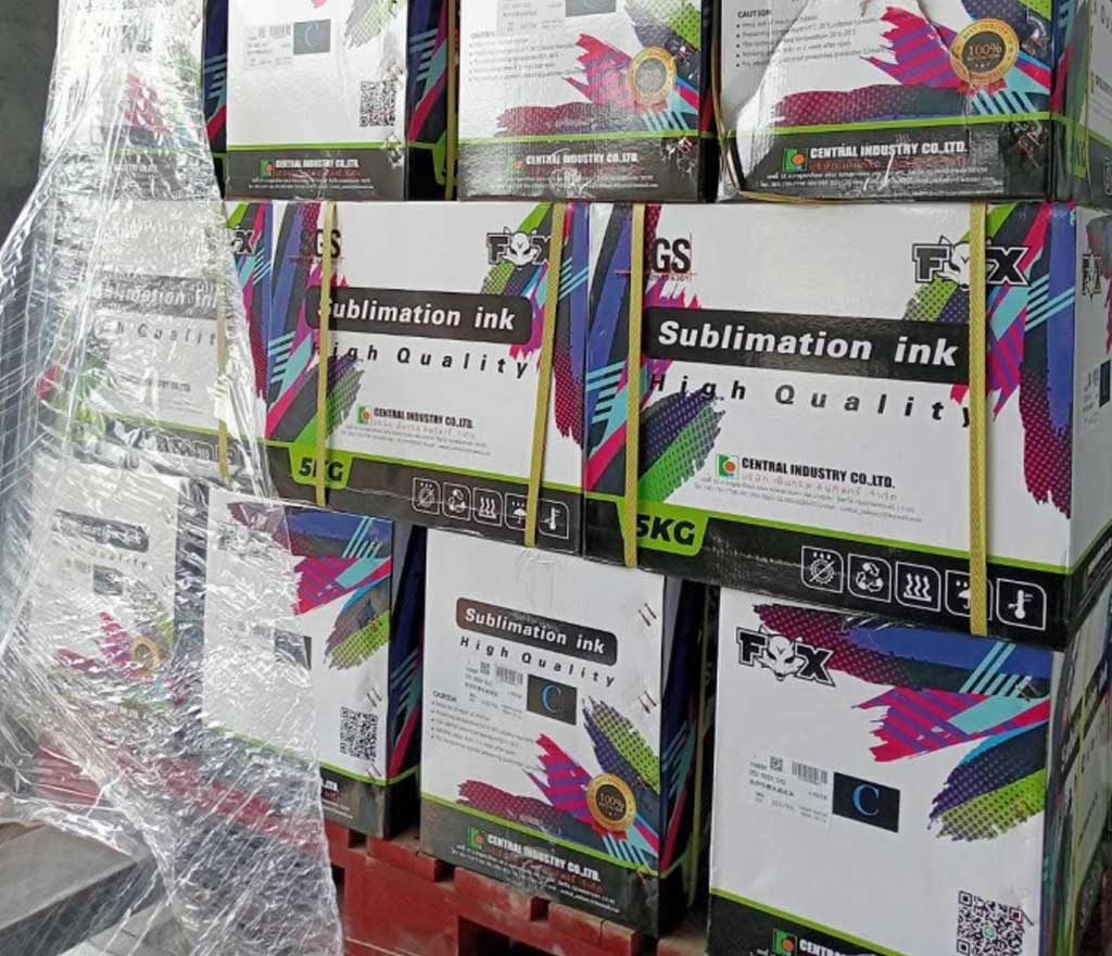 Plain unbranded bottles of cyan, magenta, yellow and black sublimation ink