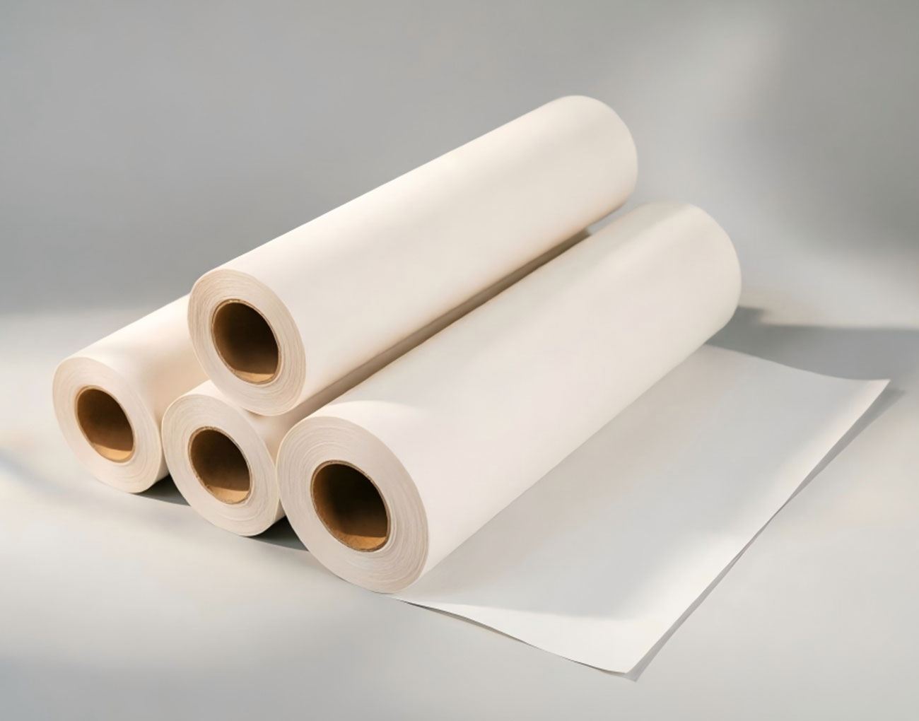 Palletised rolls of sublimation transfer paper, stretch-wrapped and stacked in a warehouse
