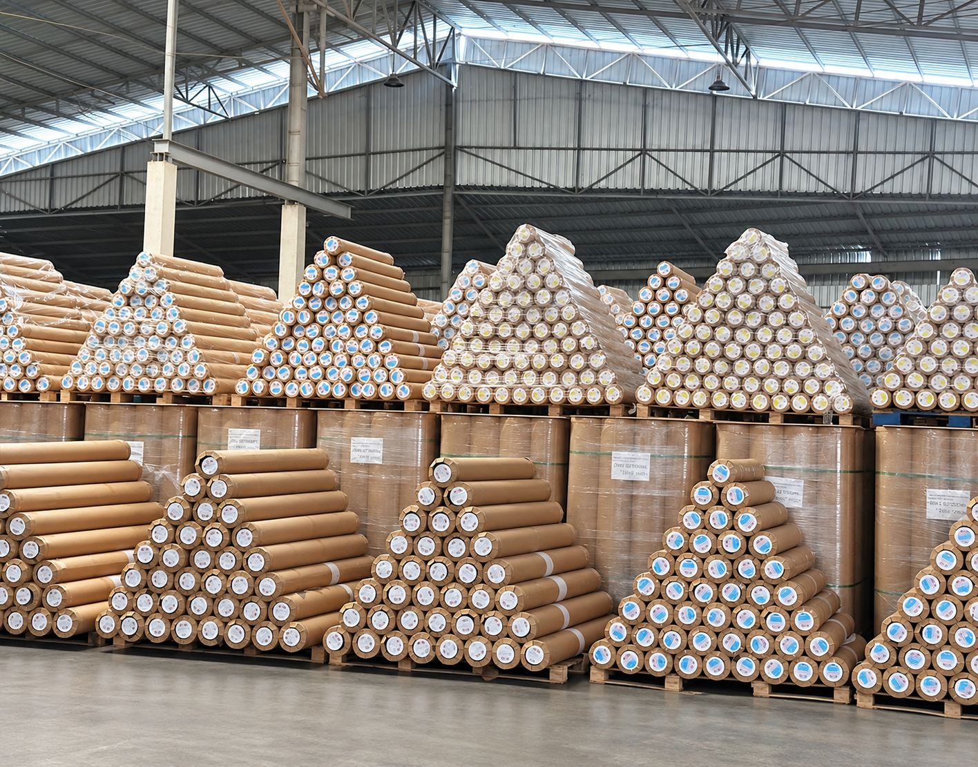 Kraft-wrapped jumbo rolls standing in stock beside an unwrapped white roll